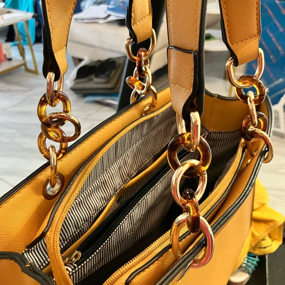 Vibrant Yellow Geometric Tote Bag with Silver Hardware - Picture 2 of 5